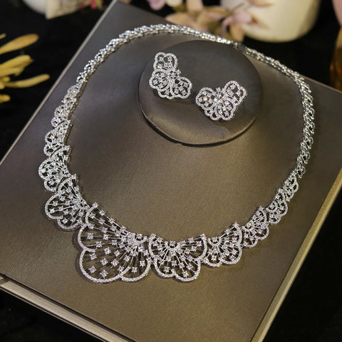 Graceful 2Pcs White CZ Zircon Necklace Set Brides High Quality Fine Jewelry Women  Wedding Engagement Accessory