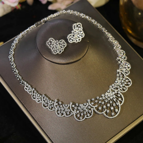 Graceful 2Pcs White CZ Zircon Necklace Set Brides High Quality Fine Jewelry Women  Wedding Engagement Accessory