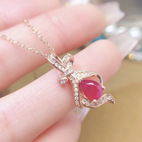 Natural real red ruby necklace pendant Luxury bowknot style 925 sterling silver 5*7mm 0.7ct gemstone Fine jewelry L2584