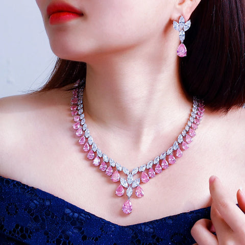 ThreeGraces Elegant Brilliant Pink Water Drop Zirconia Luxury Wedding Bridal Evening Party Jewelry Set for Women T1044
