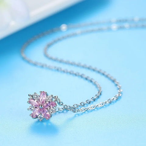 Romantic Sakura Pink Flower Necklace Korean Style Fashionable Full Diamond Light Luxury Versatile Pendant Collarbone Chain