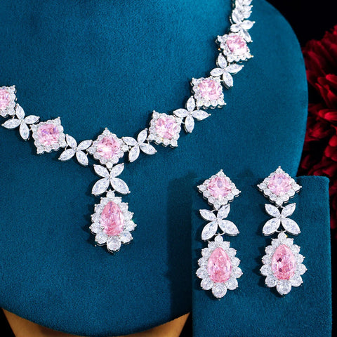 Pera Sweet Pink Cubic Zirconia Long Water Drop Pendant Necklace Earrings Jewelry Sets for Women Wedding Party Accessories J108