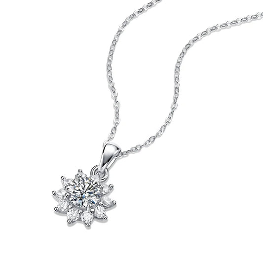 Original Silver Sterling 925 Moissanite Pendant Necklace for Women Girl Lady Sunflower Shape Cute 1 Carat Birthday Gift