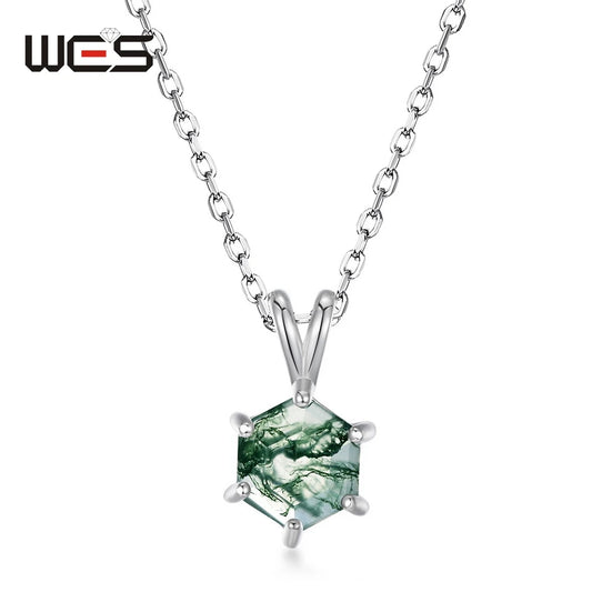 WES 925 Sterling Silver Hexagon Natural Moss Agate Pendant Necklace for Woman 7*7mm Rhodium Plated Engagement Gift Wholesale