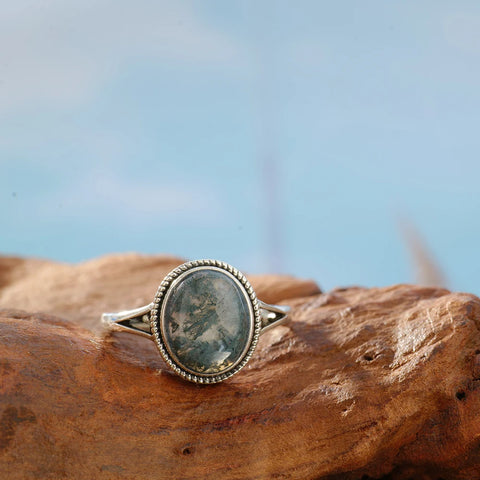 925 sterling silver moss agate women's ring