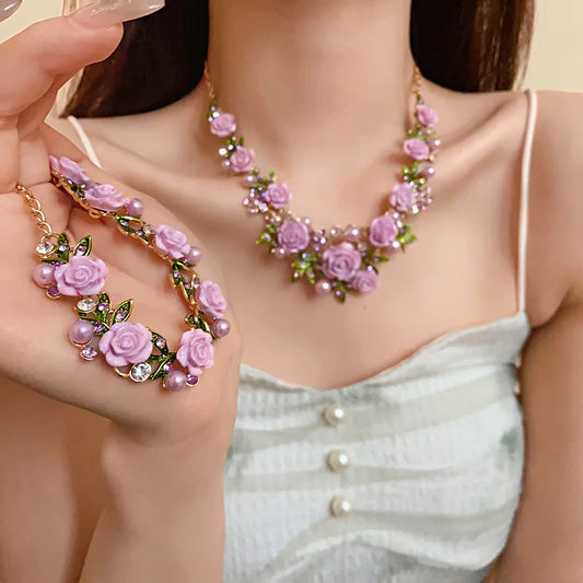 Flower Inlaid Crystal Pearl Necklace Earrings