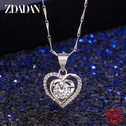 ZDADAN 925 Silver Double Heart Blue Zircon Necklace Chains For Women Wedding Jewelry