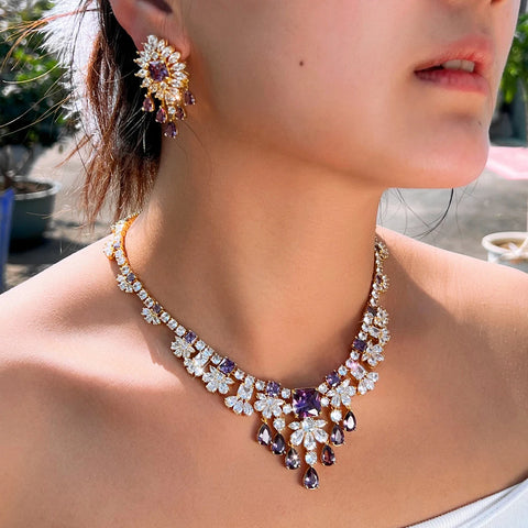 ThreeGraces Gorgeous Shiny Purple Square Zirconia Luxury Water Drop Bridal Wedding Evening Party Jewelry Set for Women T1058