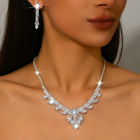 3pcs Elegant and Dignified Colored Water Droplet Gemstone Inlaid Women's Tassel Necklace Earring Set Retro Wedding Dress Jewelry