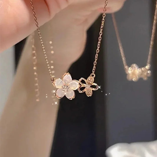 Cute Sweet Zircon Peach Blossom Pendant Clavicle Necklace Women Simple Light Luxury Two Flowers Neck Chain Jewelry