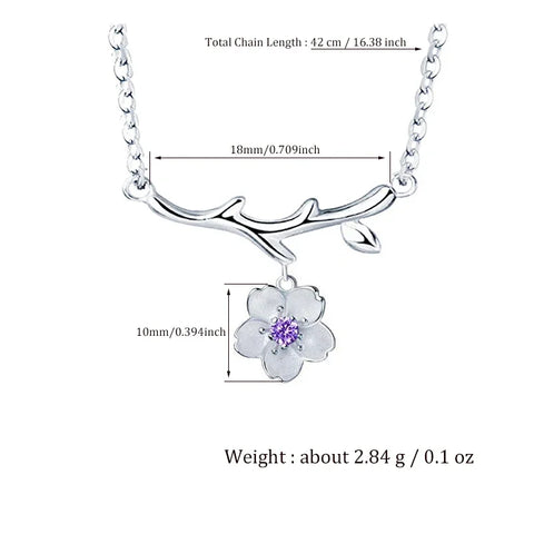 Cute Branches Cherry Flower Pendant Necklaces Shiny Crystal Zirconia Copper Romantic Female Elegant Neck Jewelry Accessories