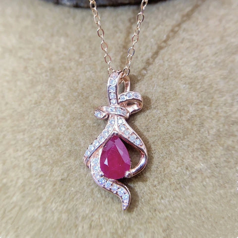 Natural real red ruby necklace pendant Luxury bowknot style 925 sterling silver 5*7mm 0.7ct gemstone Fine jewelry L2584