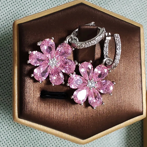 Pink Flower Sparkling Zircon S925 Silver Drop Earrings