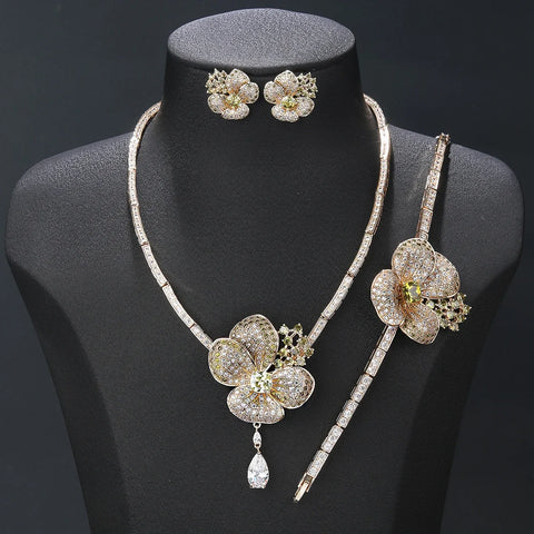 Luxury 3-piece Cubic Zirconia Flower Necklace Earrings Bracelet Set Bridal Wedding Accessories CN11183T