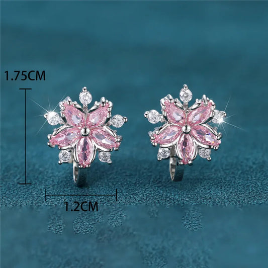 Elegant Pink Crystal Sakura Clip Earrings White Zircon  Earrings