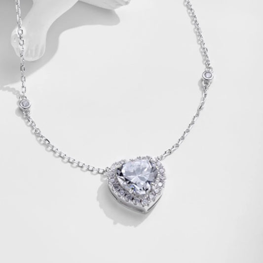 Genuine S925 Sterling Silver 10mm Heart Cubic Zirconia Pendant Necklace Adjustable Chain Jewelry Gift for Women Valentines Day