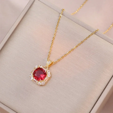 Stainless Steel Red Zircon Square Pendant Necklace for Women Girls Lovely Jewelry Accessories Gifts for Lover
