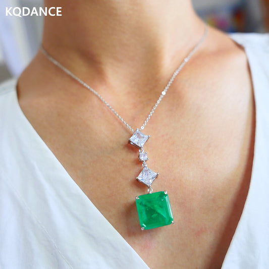 KQDANCE Simple Created 15mm Square Emerald  Pink Yellow Blue CZ Diamond Pendants Necklace with Green Stone Jewelry For Women