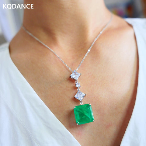 KQDANCE Simple Created 15mm Square Emerald  Pink Yellow Blue CZ Diamond Pendants Necklace with Green Stone Jewelry For Women