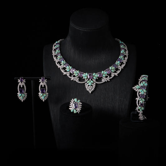 INJEWELIFE Turquoise Colors Cubic Zirconia Amethyst Jewelry Sets for Women Wedding Accessories Elegant Bridal Jewellery