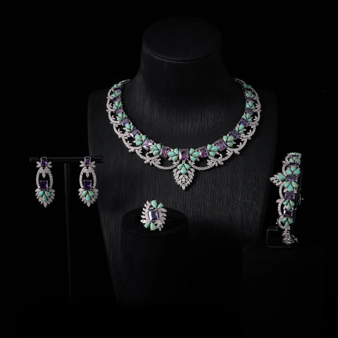 INJEWELIFE Turquoise Colors Cubic Zirconia Amethyst Jewelry Sets for Women Wedding Accessories Elegant Bridal Jewellery