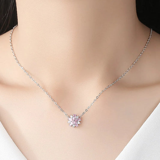 Romantic Sakura Pink Flower Necklace Korean Style Fashionable Full Diamond Light Luxury Versatile Pendant Collarbone Chain
