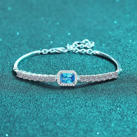 Handmade Inlaid Rectangle Blue Moissanite