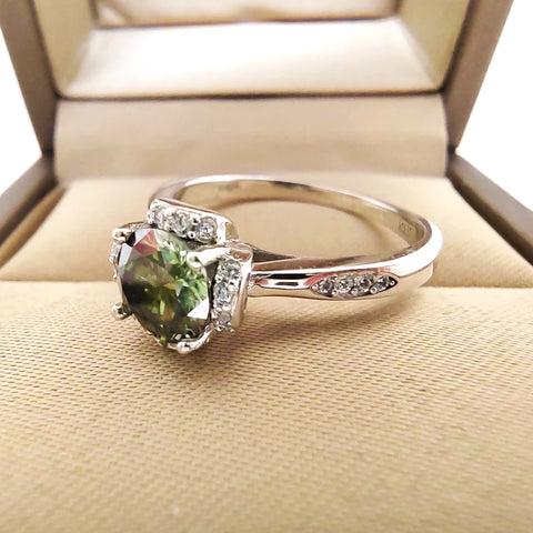 1CT Green Moissanite Silver Ring