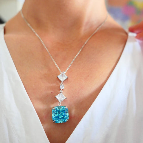 KQDANCE Simple Created 15mm Square Emerald  Pink Yellow Blue CZ Diamond Pendants Necklace with Green Stone Jewelry For Women