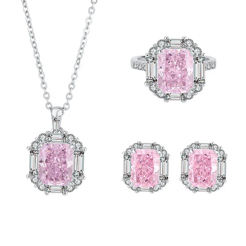 Jewelry S925 Full Silver Internet Celebrity High Carbon Diamond Pink Diamond Pendant Ring Earring Set