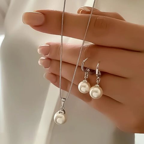 3 Pcs Round Pearl Jewelry Set Of Earring Pendant Necklace