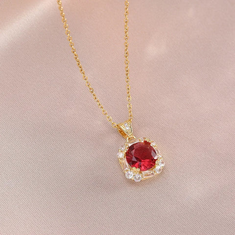 Stainless Steel Red Zircon Square Pendant Necklace for Women Girls Lovely Jewelry Accessories Gifts for Lover