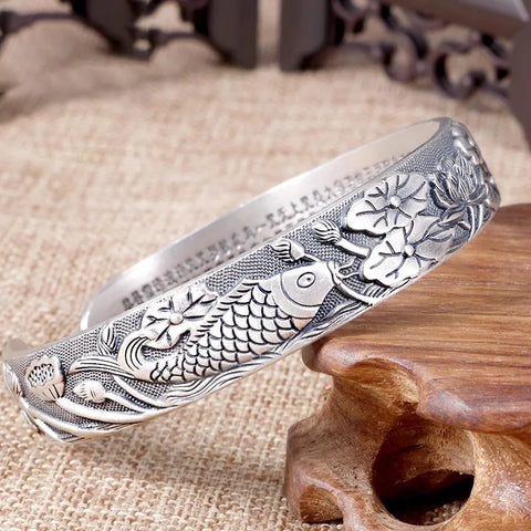Silver 925 Retro Exquisitely carved Lotus flower bracelet