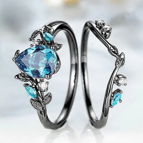 Luxury Black Color Waterdrop Round Blue White Stone Leaf Ring - BOLEVARD RING