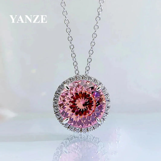 Pink Gem Necklace 5Ct S925 Sterling Silver Plate Platinum Jewelry Inlaid High Carbon Diamond Pendant Chain