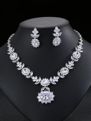 Luxury Indian Jewelry Set For Women Zirconia Bridal Necklace Earring Set For Wedding Evening Party Prom Pendant Necklace