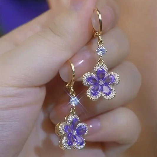 Fashion Trend Purple Crystal Zircon Flower Drop Earrings