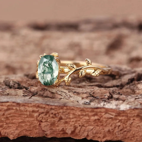 Cocktail Oval Shaped Moss Agate Rings Leaf Branch Ring - BOLEVARD RING
