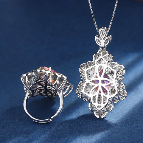 Luxury 10*14mm Pink Quartz Gemstone Wedding Party Fine Jewelry Sets for Women Lab Diamond Pendant Necklace Ring Anniversary Gift