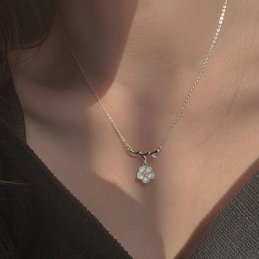 Sterling Cherry Blossom Necklace Simple Elegant Fashion Trend Women Collarbone Forest System Cross Chain
