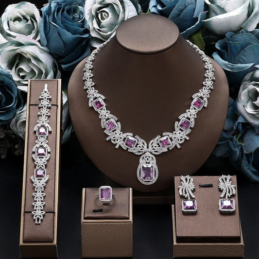 Dubai Luxury Purple Crystal Necklace, Necklace, Earring Set, Suitable for Women Brides' Wedding Jewelry Parties
