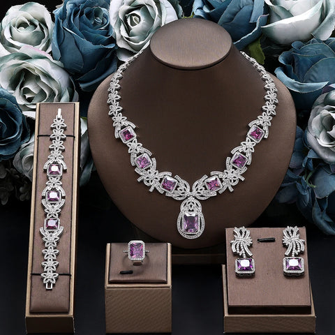 Dubai Luxury Purple Crystal Necklace, Necklace, Earring Set, Suitable for Women Brides' Wedding Jewelry Parties