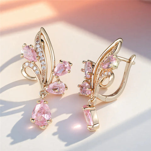 Cute Female White Pink Red Zircon Stone Hoop Earrings