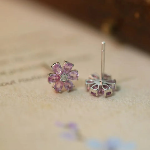 925 Silver Pink Tourmaline Flower Ear Stud Cherry Earrings