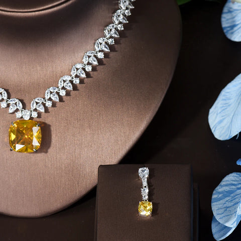 HIBRIDE 2PCS Square Design Women Necklace And Earring Sets Cubic Zirconia Yellow Color Jewelry Sets For Bridal Wedding N-1126