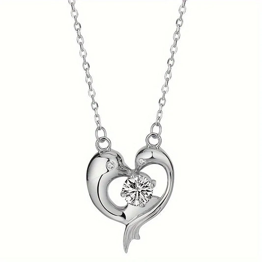S925 Sterling Silver Dolphin Shape Moissanite Necklace,Animal Theme Heart Shape Elegant Neck Chain,Valentine's Day Birthday Gift