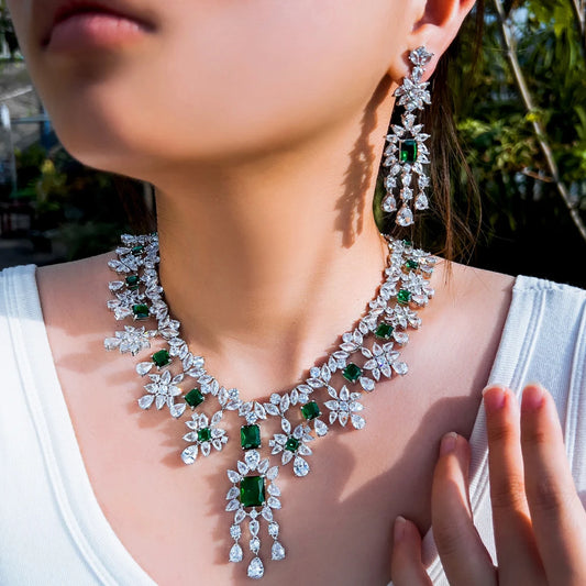 ThreeGraces Luxury Shiny Green Zirconia Long Tassel Drop Earrings Necklace Wedding Bridal Party Jewelry Set for Women T1054