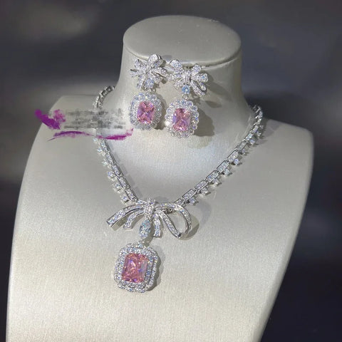 Bowknot Lab Pink Diamond Jewelry set 14K White Gold Engagement Wedding Earrings Necklace For Women Bridal Promise Gift