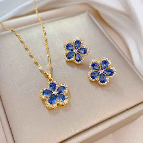 Women's Pink Crystal Cherry Blossom Flower Pendant Necklace (40cm + 5cm) Luxury Jewelry Free Shipping