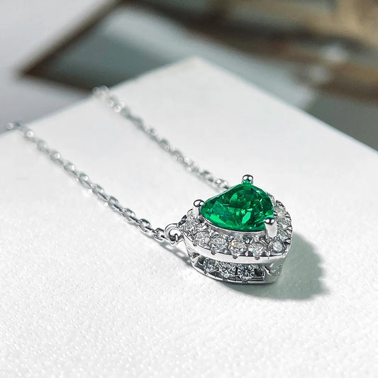 Serenity 1ct Heart Cut Colombian Emerald Necklace for Women 100% S925 Sterling Silver Plated 18K Pendant Necklace Fine Jewelry